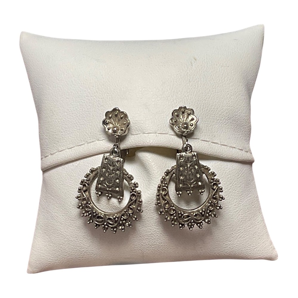 ART Vintage Etruscan Revival Clip On Drop Earrings Silver Tone 1960s